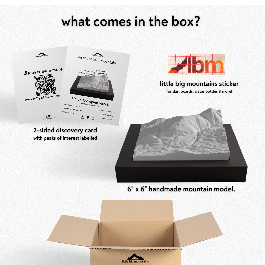 Product packaging with LBM logo, mountain model, and discovery card on a white background
