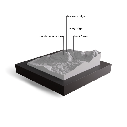 Topographic model of a landscape with labeled features on a white background