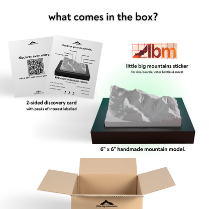 Product packaging with LBM logo, mountain model, and educational materials on a white background