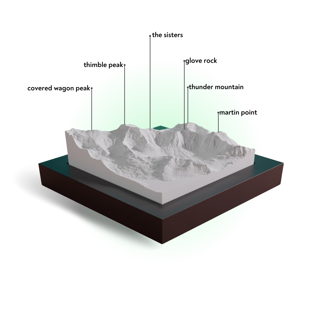 Topographic model of a mountain with labeled peaks on a white background