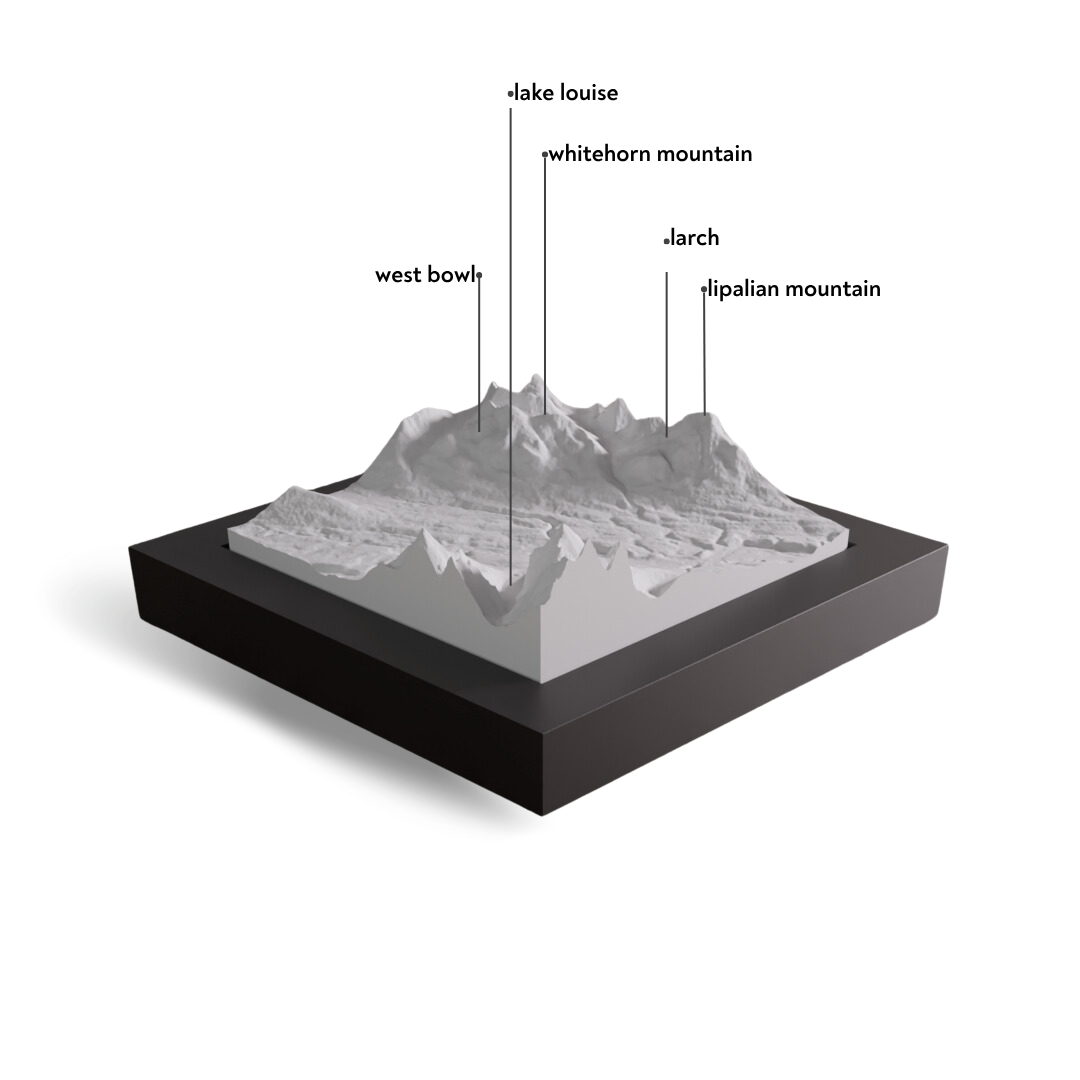 Topographic model of a mountain range with labeled peaks on a white background