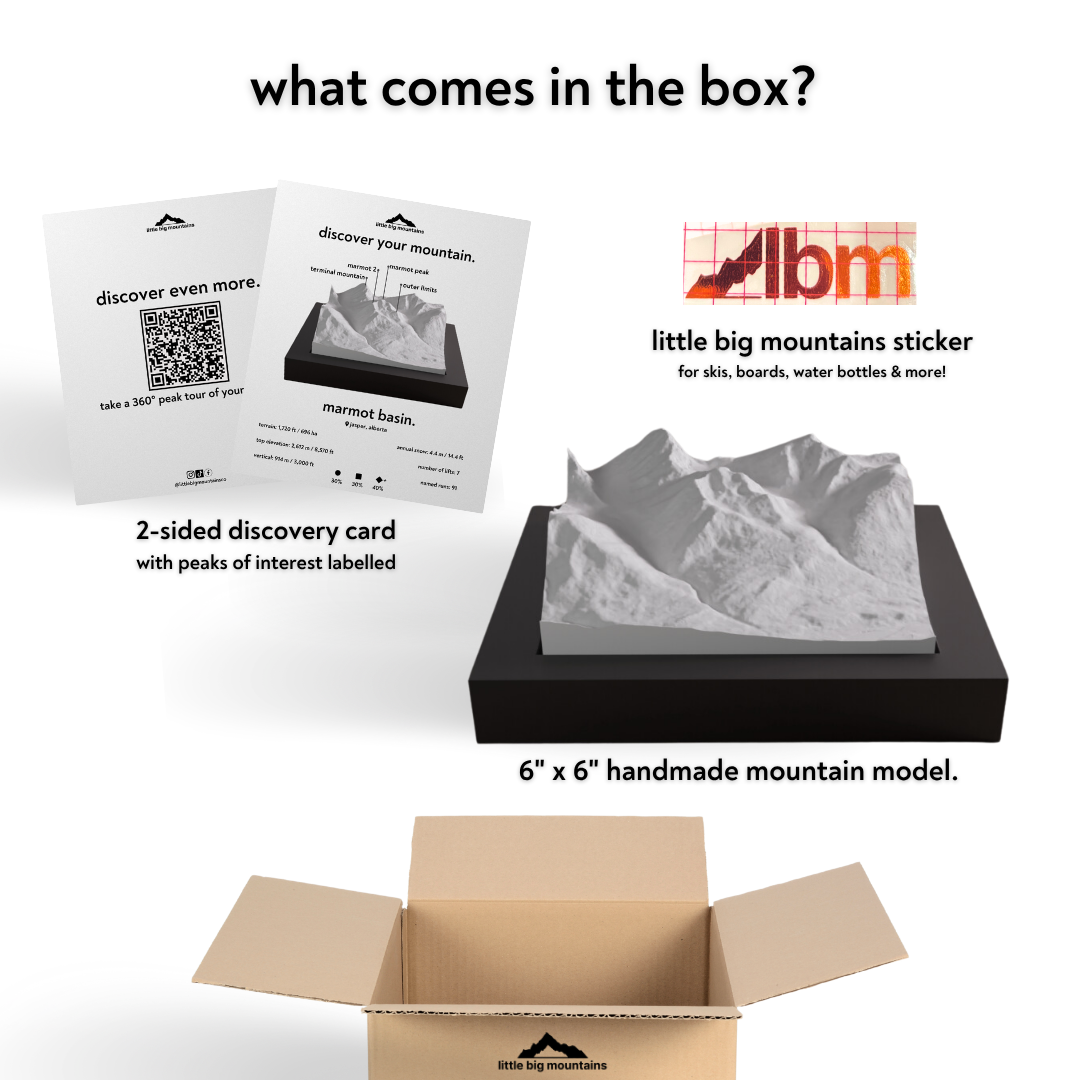 Product packaging withLBM logo, mountain model, and discovery card on a white background