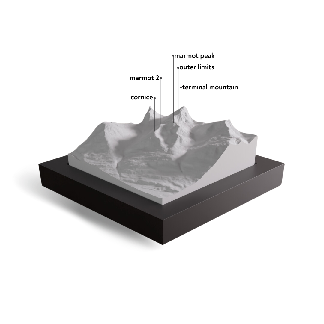 Topographic model of a mountain with labeled features on a white background
