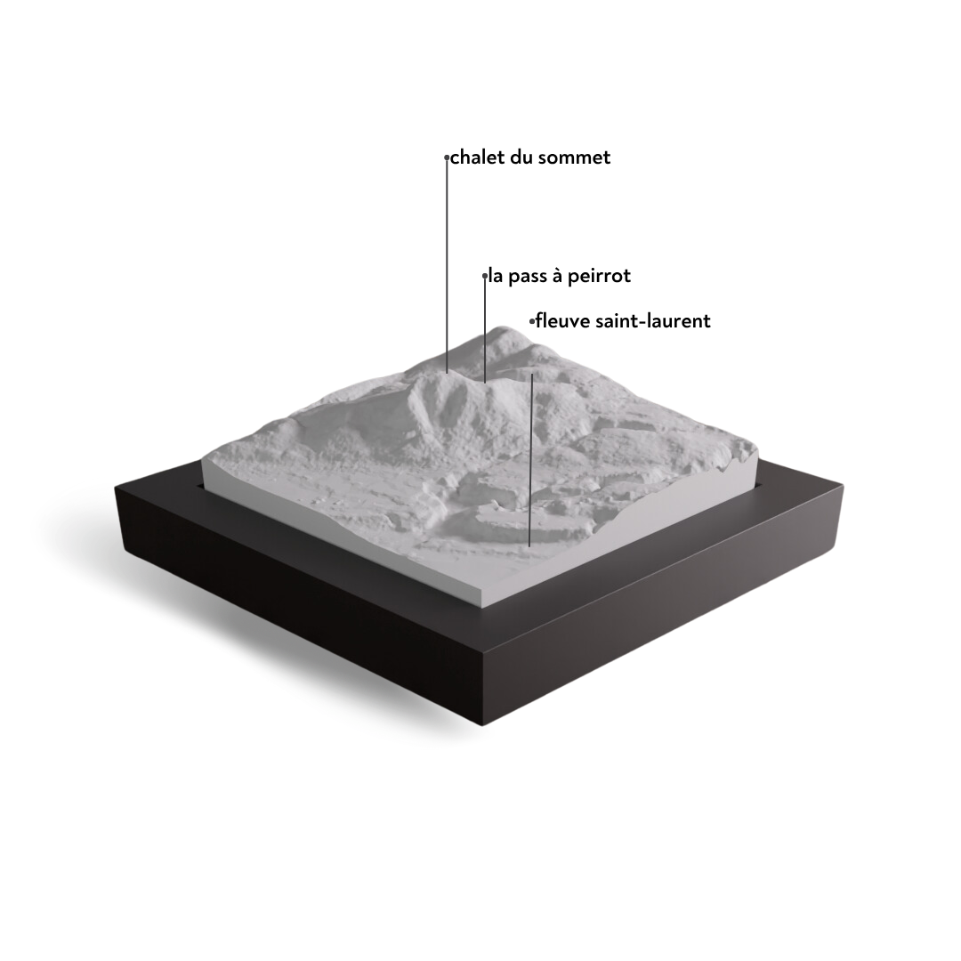 Topographic model with labeled features on a white background