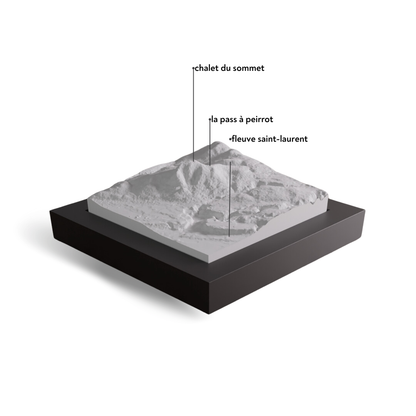 Topographic model with labeled features on a white background