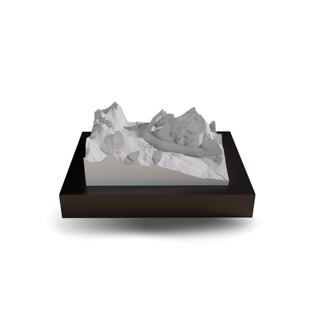3D mountain model on a black base with a white background