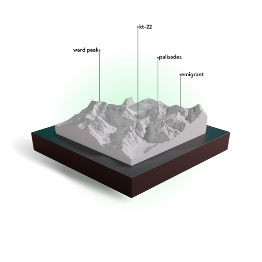 Topographic model of a mountain range with labeled peaks on a white background