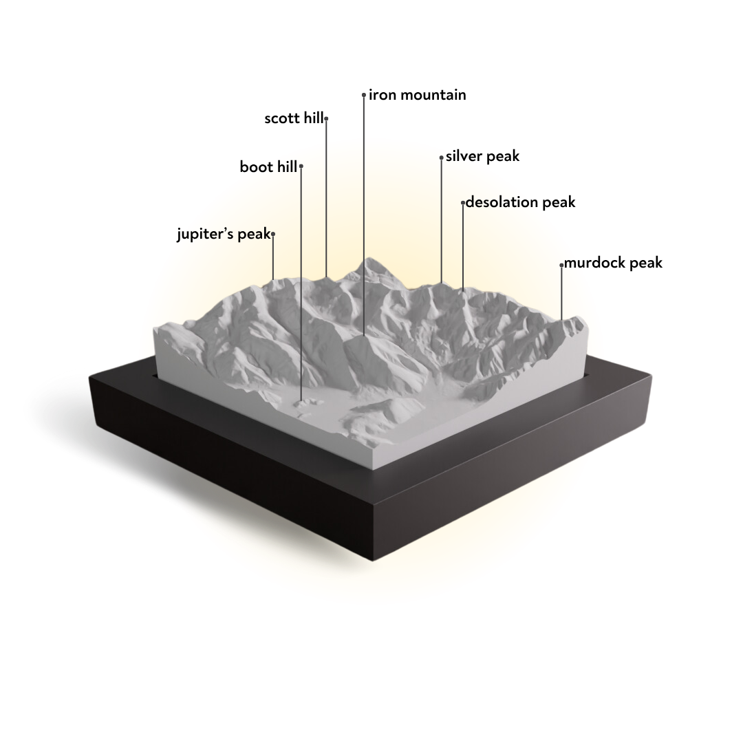 Model of a mountain range with labeled peaks on a white background