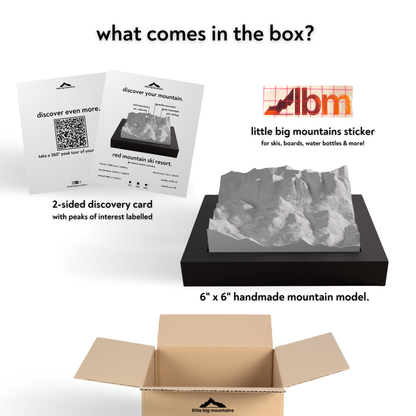 Product packaging with LBM logo, mountain model, and discovery card on a white background