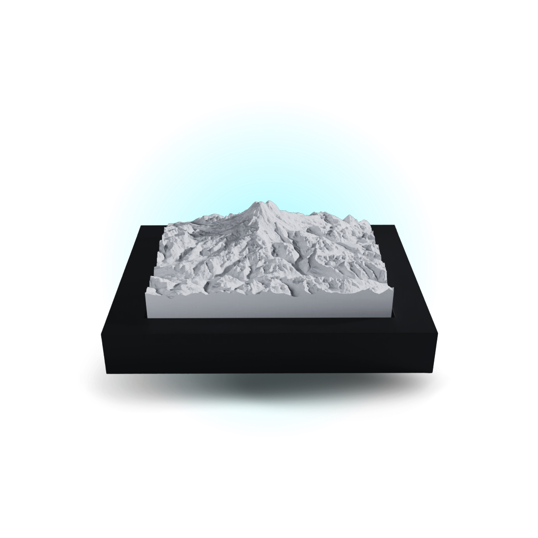3D mountain model on a black base with a white background