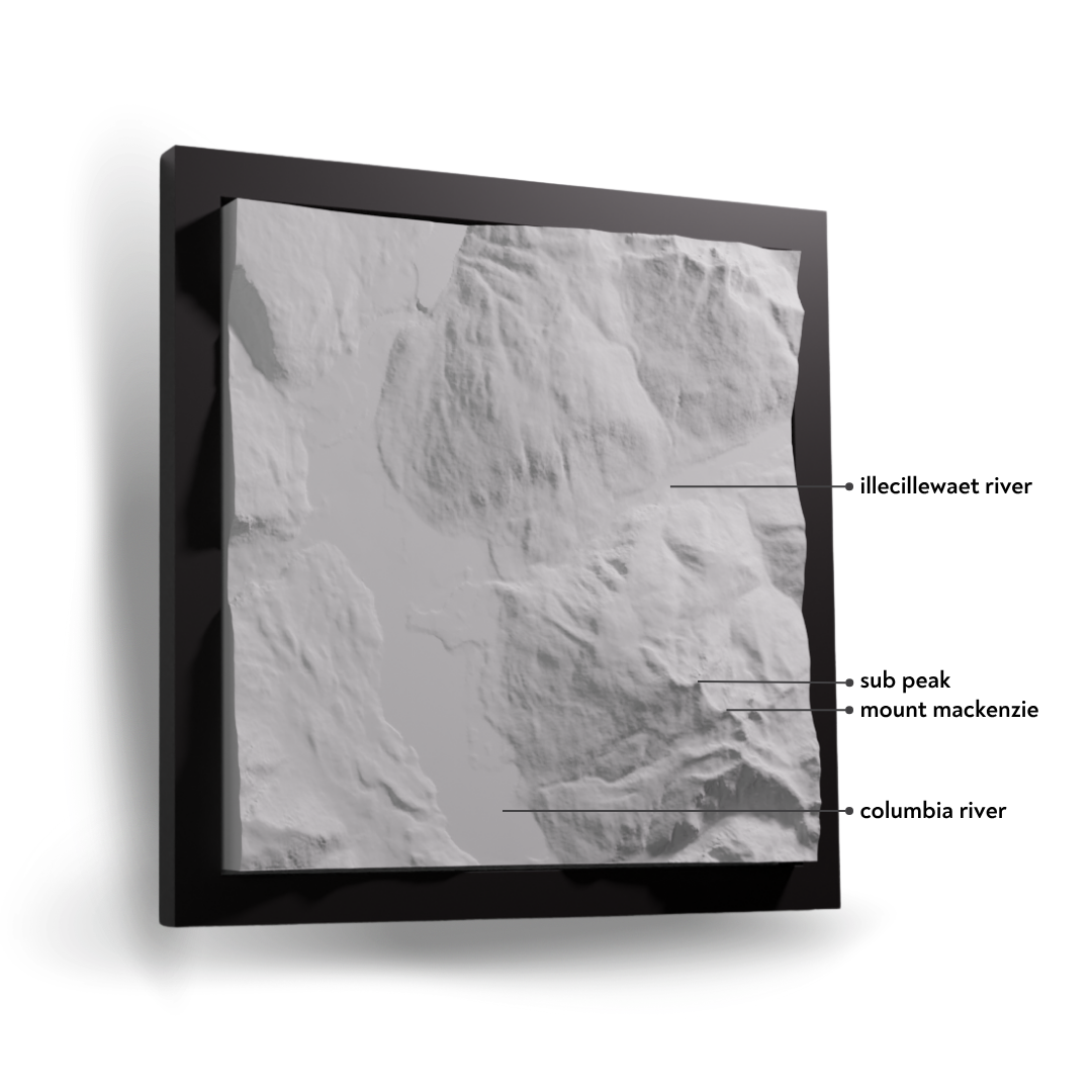 Topographic map with labeled features on a white background
