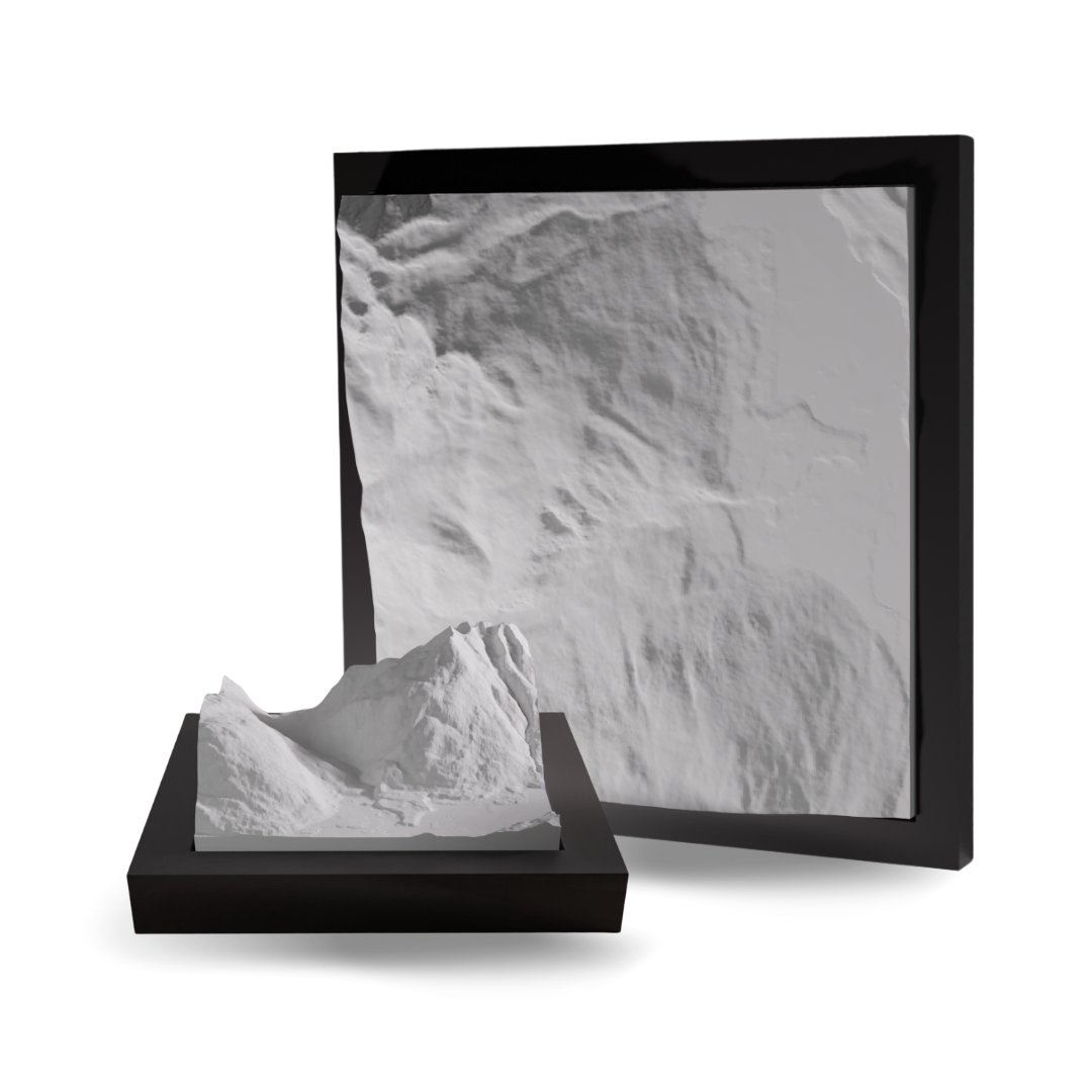 Framed topographic map of a mountainous landscape on a white background