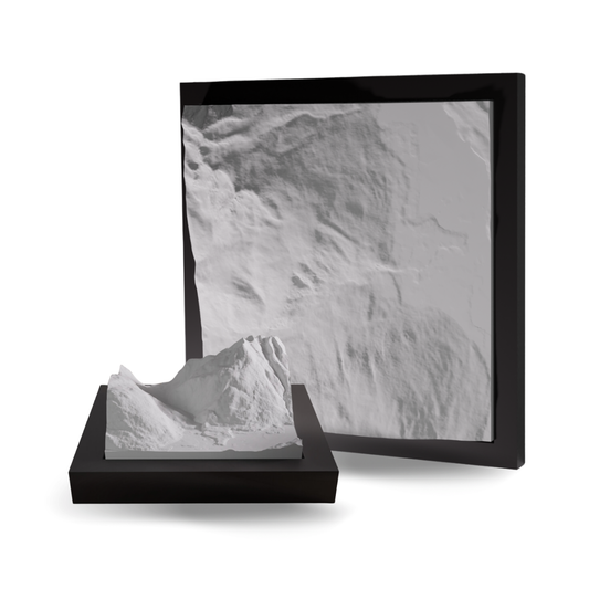 Framed topographic map of a mountainous landscape on a white background