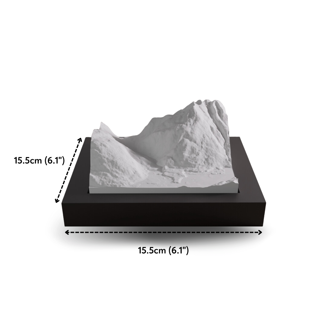 Model of a mountain on a black base with dimensions indicated