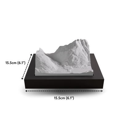 Model of a mountain on a black base with dimensions indicated