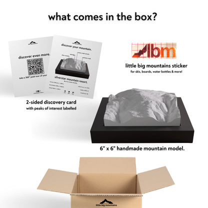 Product packaging with LBM logo and mountain-themed items including a box, card, and model.
