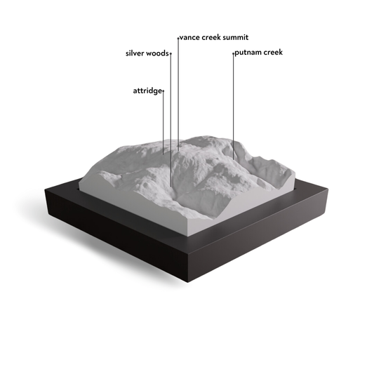 Topographic model of a mountain with labeled features on a white background