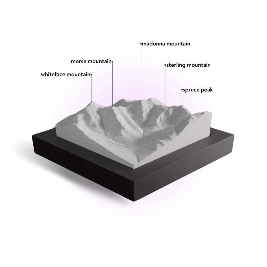 Model of a mountain range with labeled peaks on a white background
