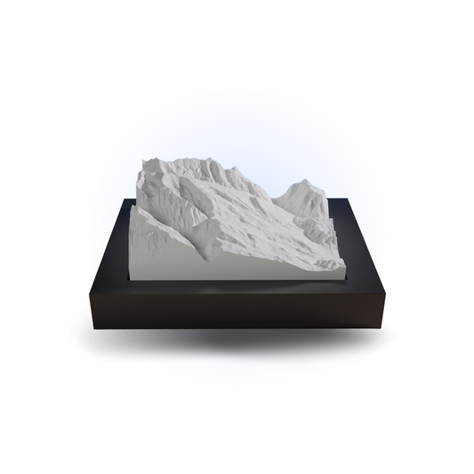 3D landscape model on a black base with a white background