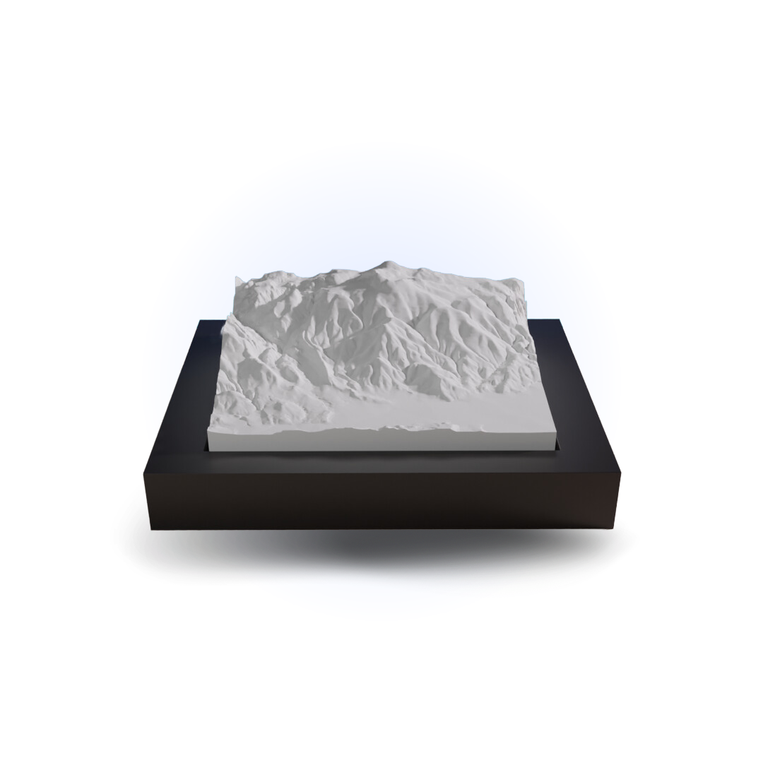 Topographic model of a mountain on a black base with a white background