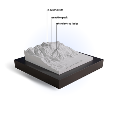 3D model of a mountain with labeled peaks on a white background