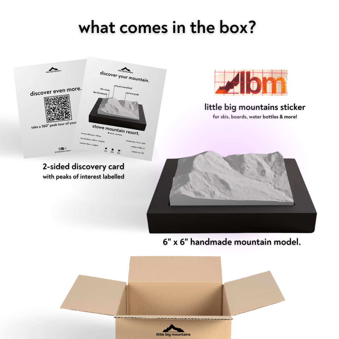 Product packaging with LBM logo, mountain model, and educational materials on a white background