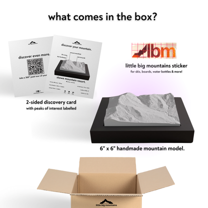 Product packaging with LBM logo, mountain model, and educational materials on a white background