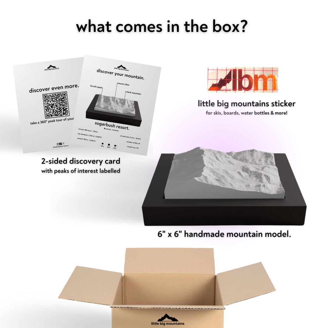 Product packaging with LBM logo, mountain model, and educational materials on a white background