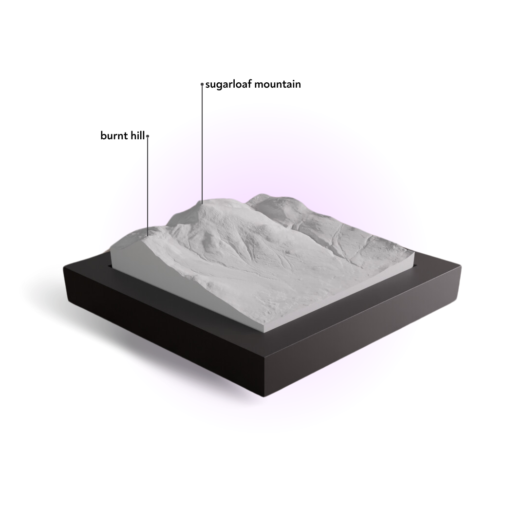 Model of a mountain with labeled 'sugarloaf mountain' and 'burnt hill' on a white background