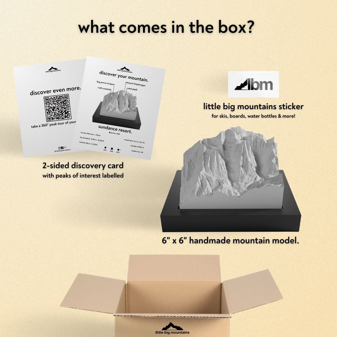 What comes in the box? 2-sided discovery card with peaks of interest labelled, little big mountains sticker for skis, boards, water bottles more, and 6"x6" handmade mountain model. 