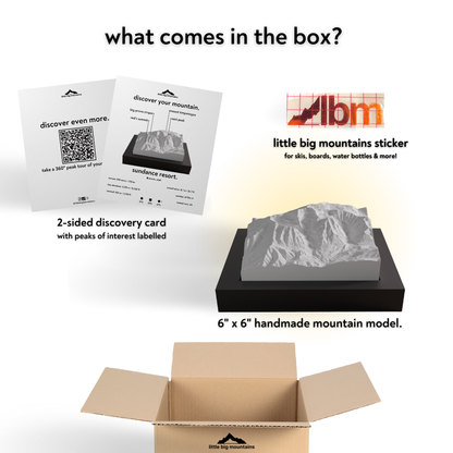 Product packaging with mountain model, discovery card, and sticker on a white background