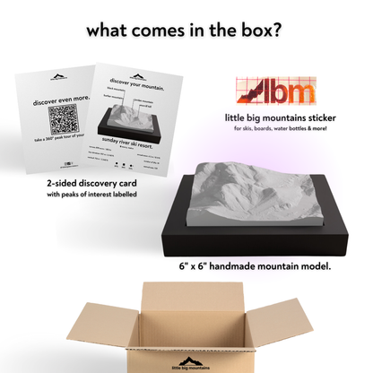 Product packaging with mountain model, discovery card, and sticker on a white background