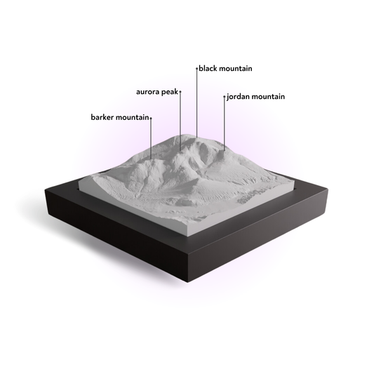 Topographic model with labeled mountain peaks on a white background