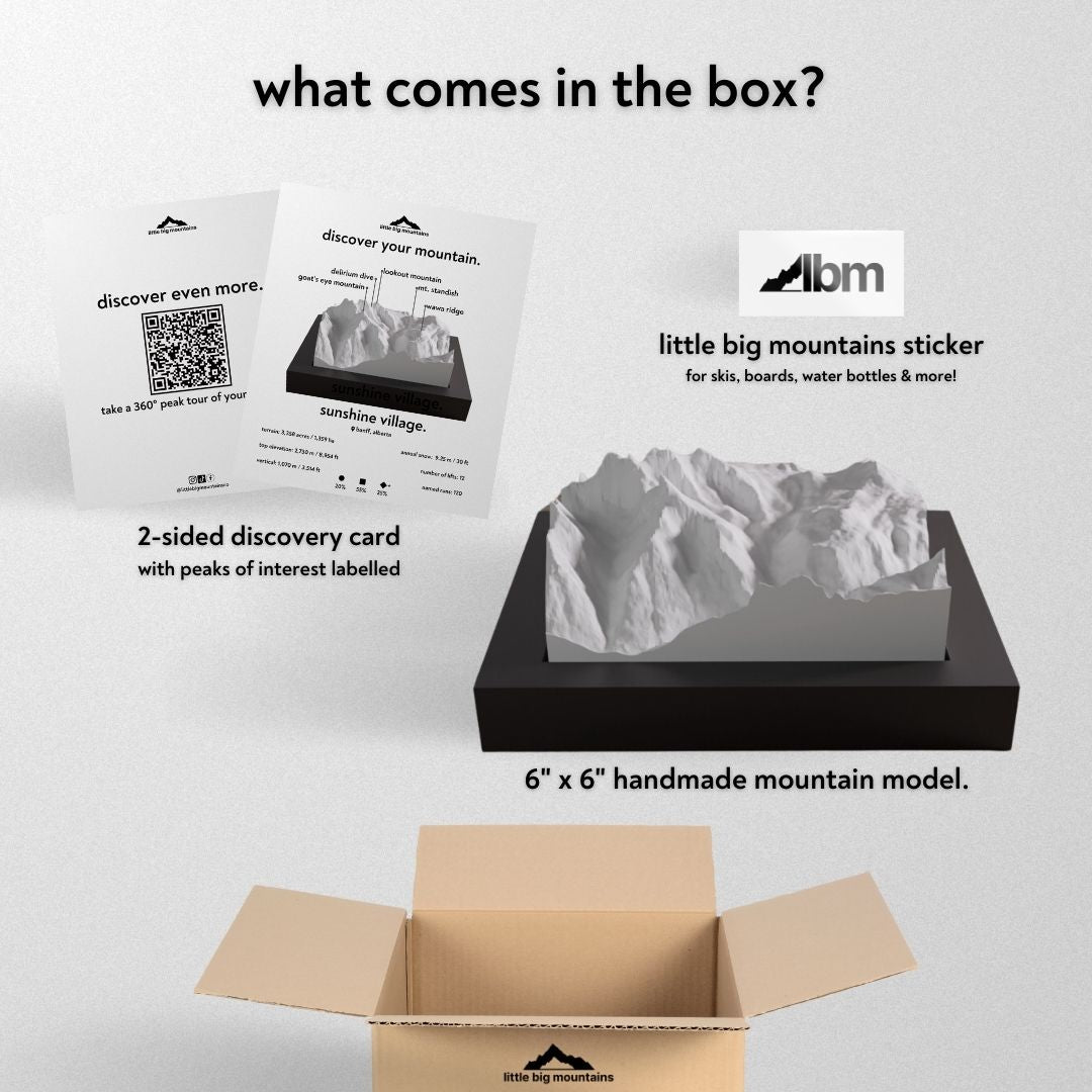 What comes in the box? 2-sided discovery card with peaks of interest labelled, little big mountains sticker for skis, boards, water bottles more, and 6"x6" handmade mountain model. 