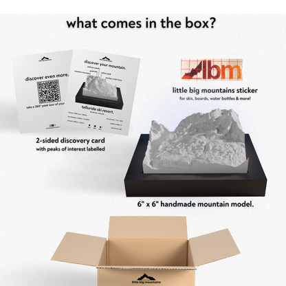 Product packaging with LBM logo, mountain model, and educational materials on a white background
