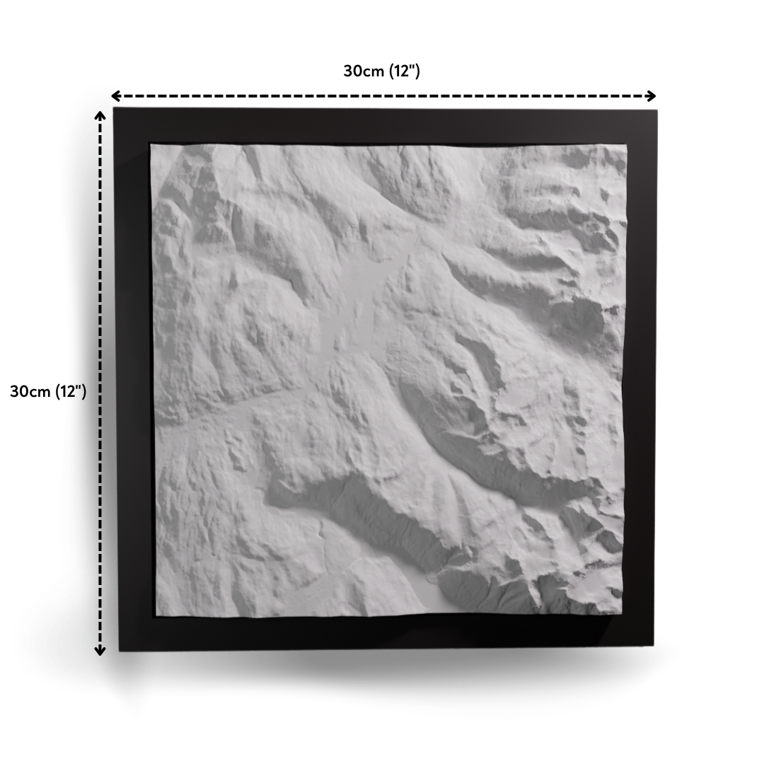 Framed topographic map with dimensions indicated