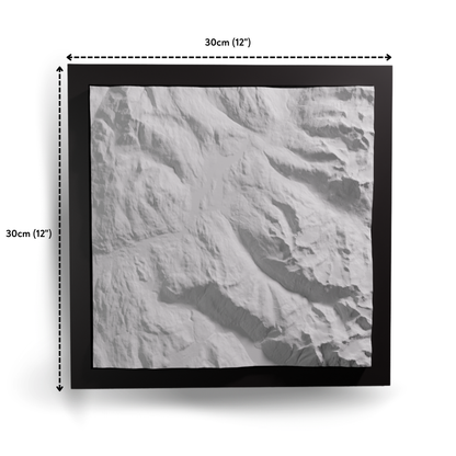 Framed topographic map with dimensions indicated
