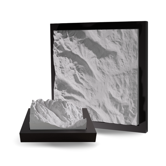Framed topographic map of a mountainous landscape on a white background