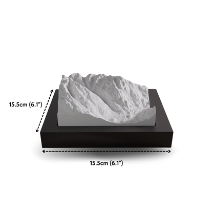 Model of a mountain on a black base with dimensions indicated