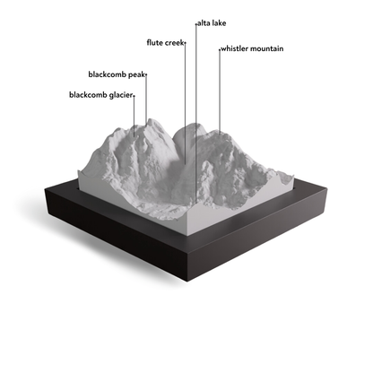 3D model of a mountain with labeled features on a white background