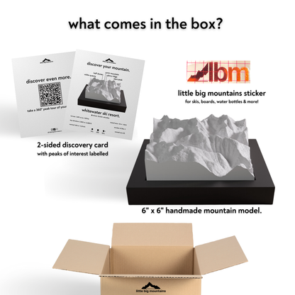 Product packaging with LBMl ogo, mountain model, and related items on a white background
